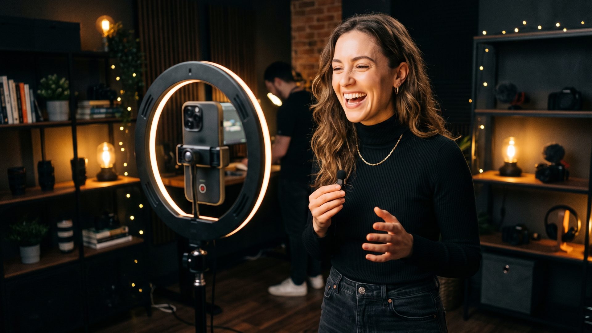 Creator filming a short-form video on a phone rig in warm light