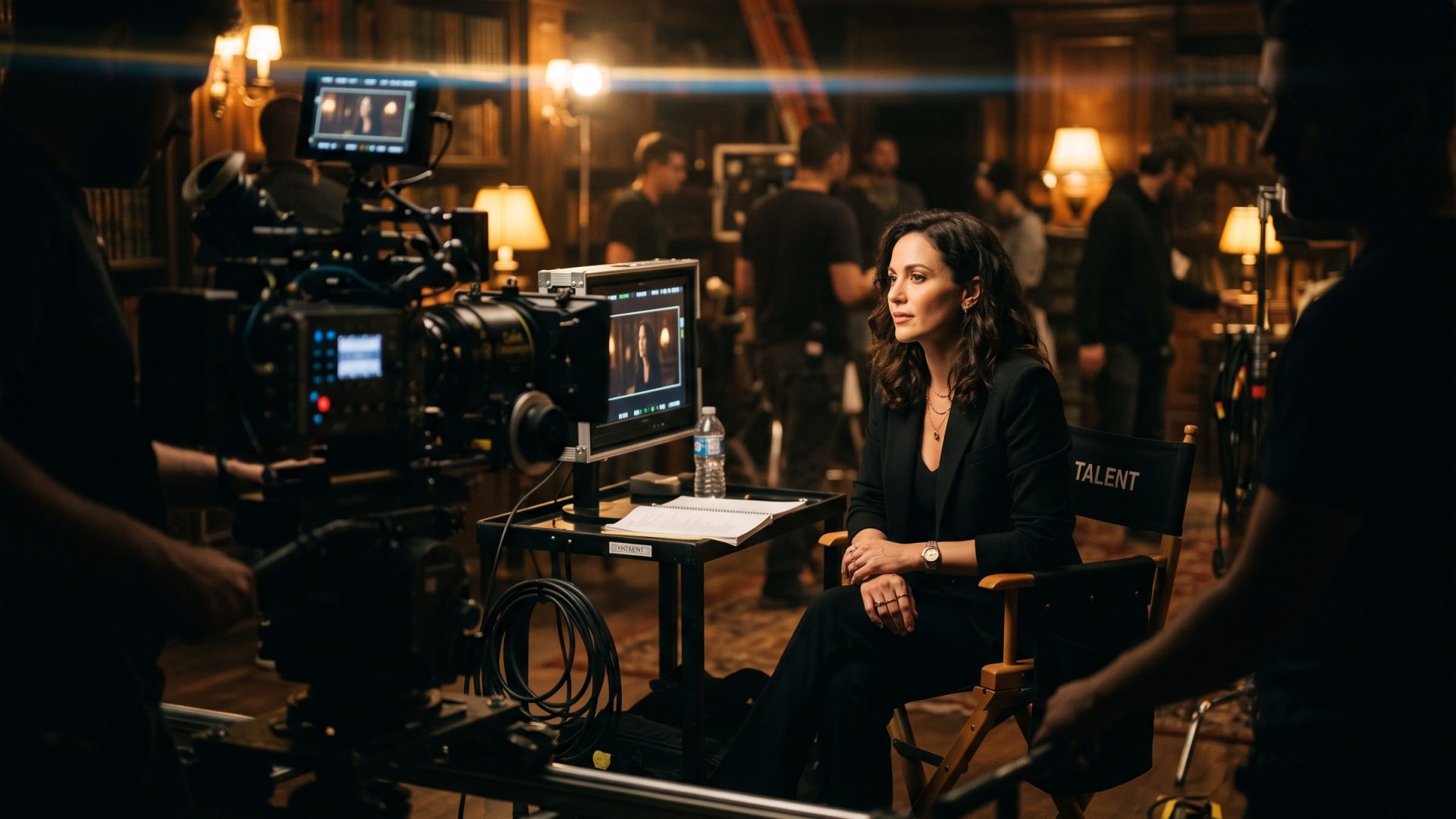 Film crew on a night location set, camera and lighting rigged