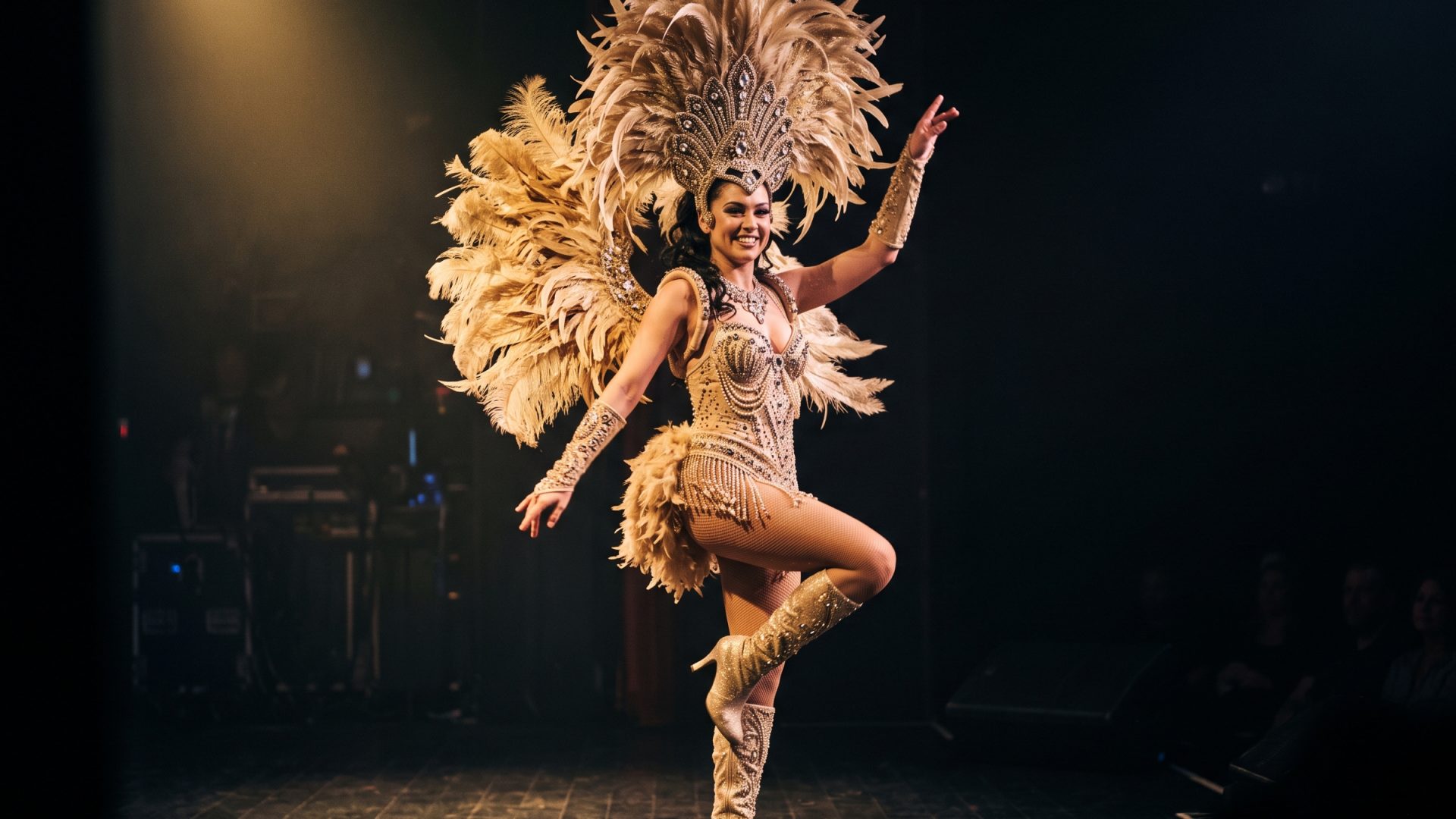 Showgirl revue dancer in a gold feathered costume on a dark stage