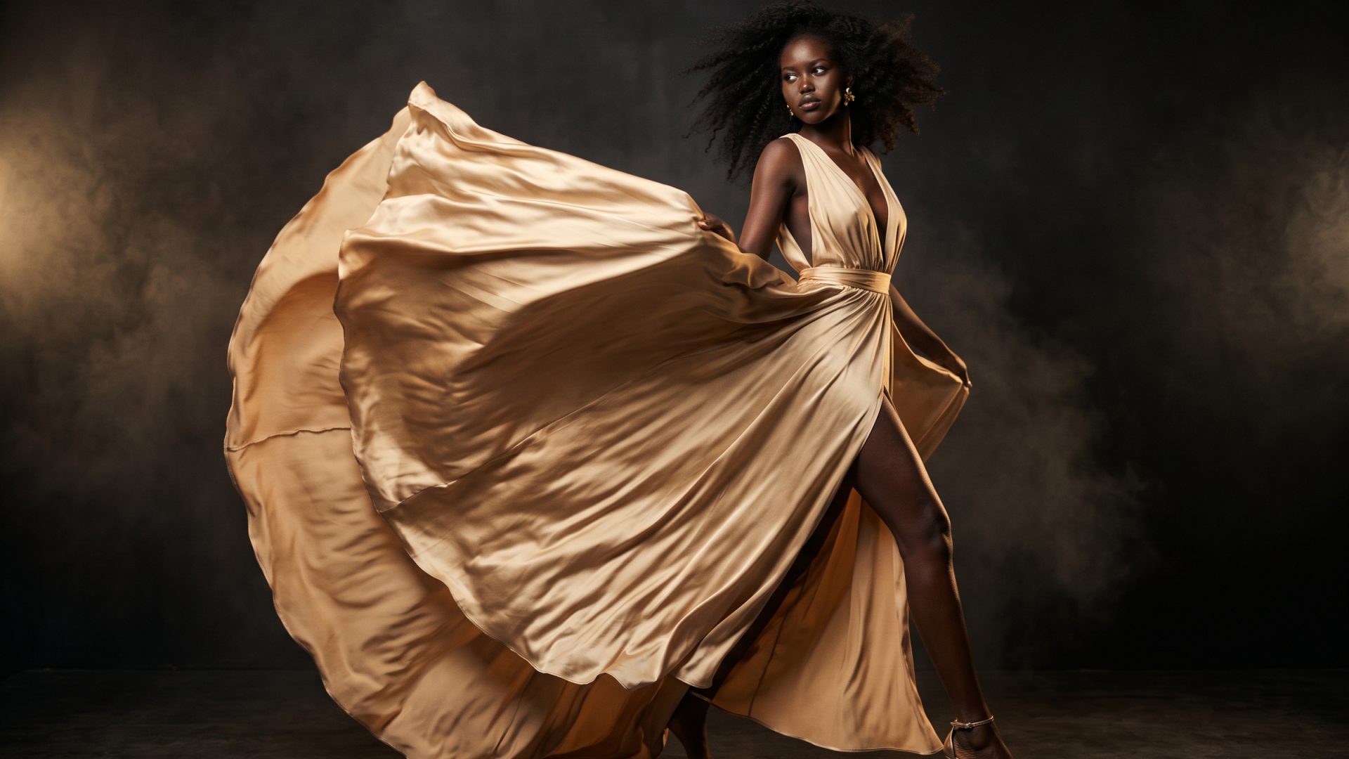 Model on a seamless studio backdrop under a single key light