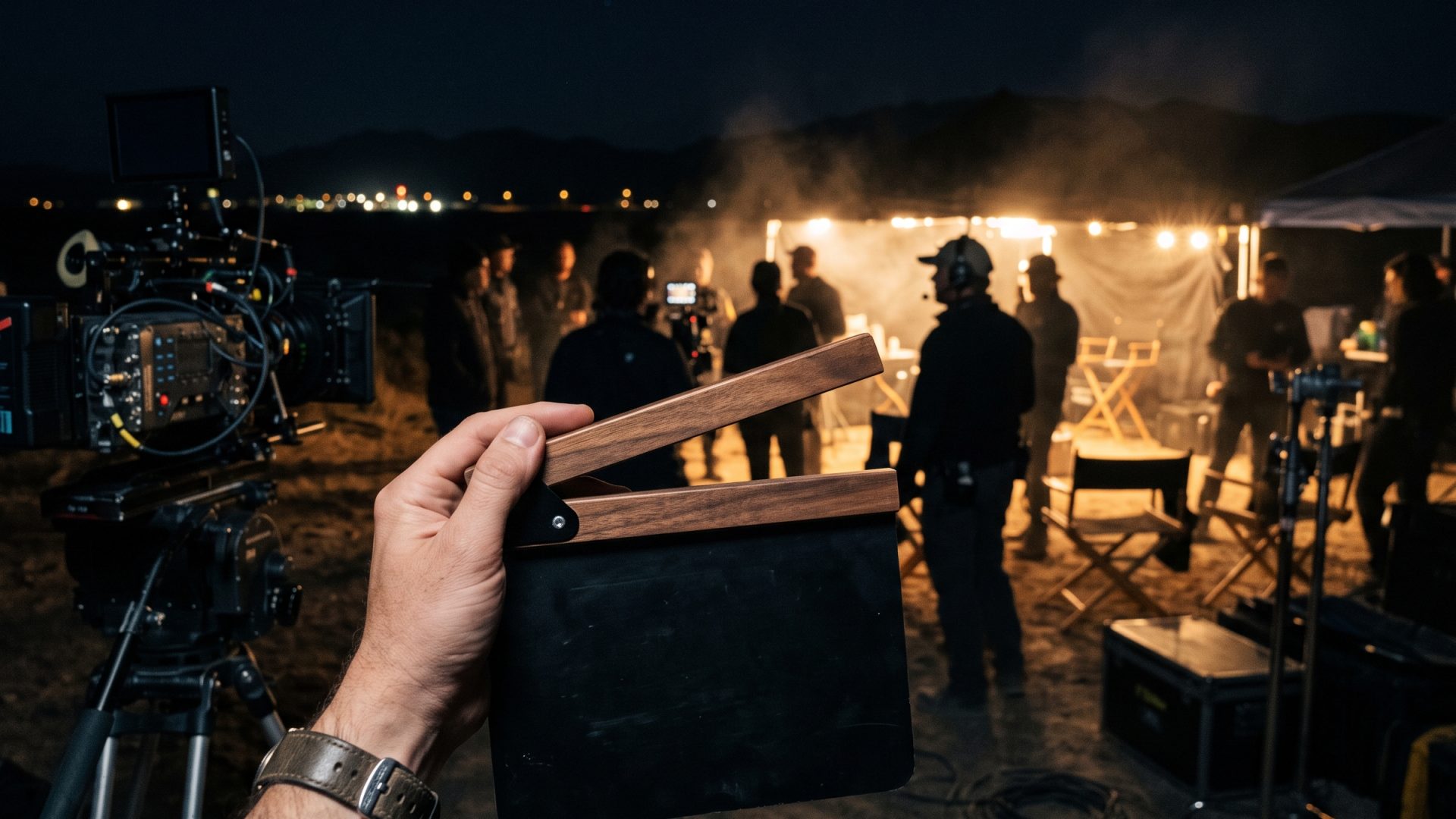 Film slate held on a night film set with crew in the background