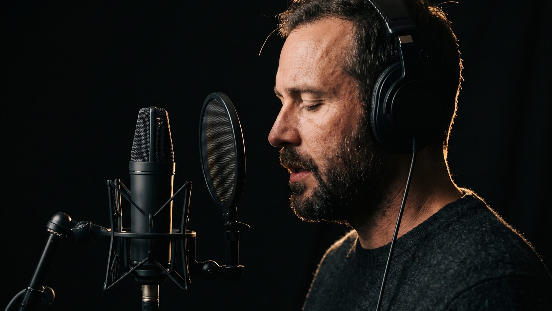 Voice actor at a studio microphone in warm low light