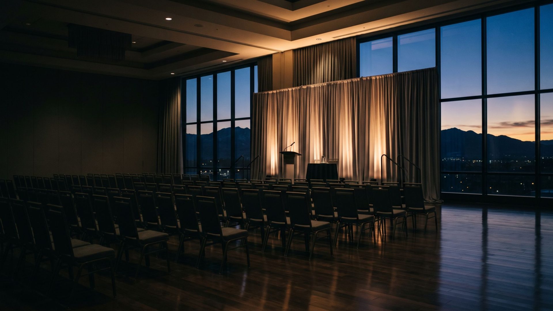 A hotel ballroom in Reno dressed for a corporate event at dusk, the Sierra foothills through a window wall