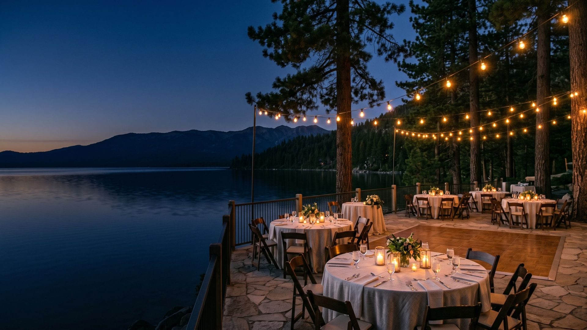 A lakefront terrace on the Nevada shore of Lake Tahoe set for an evening event, string lights between the pines
