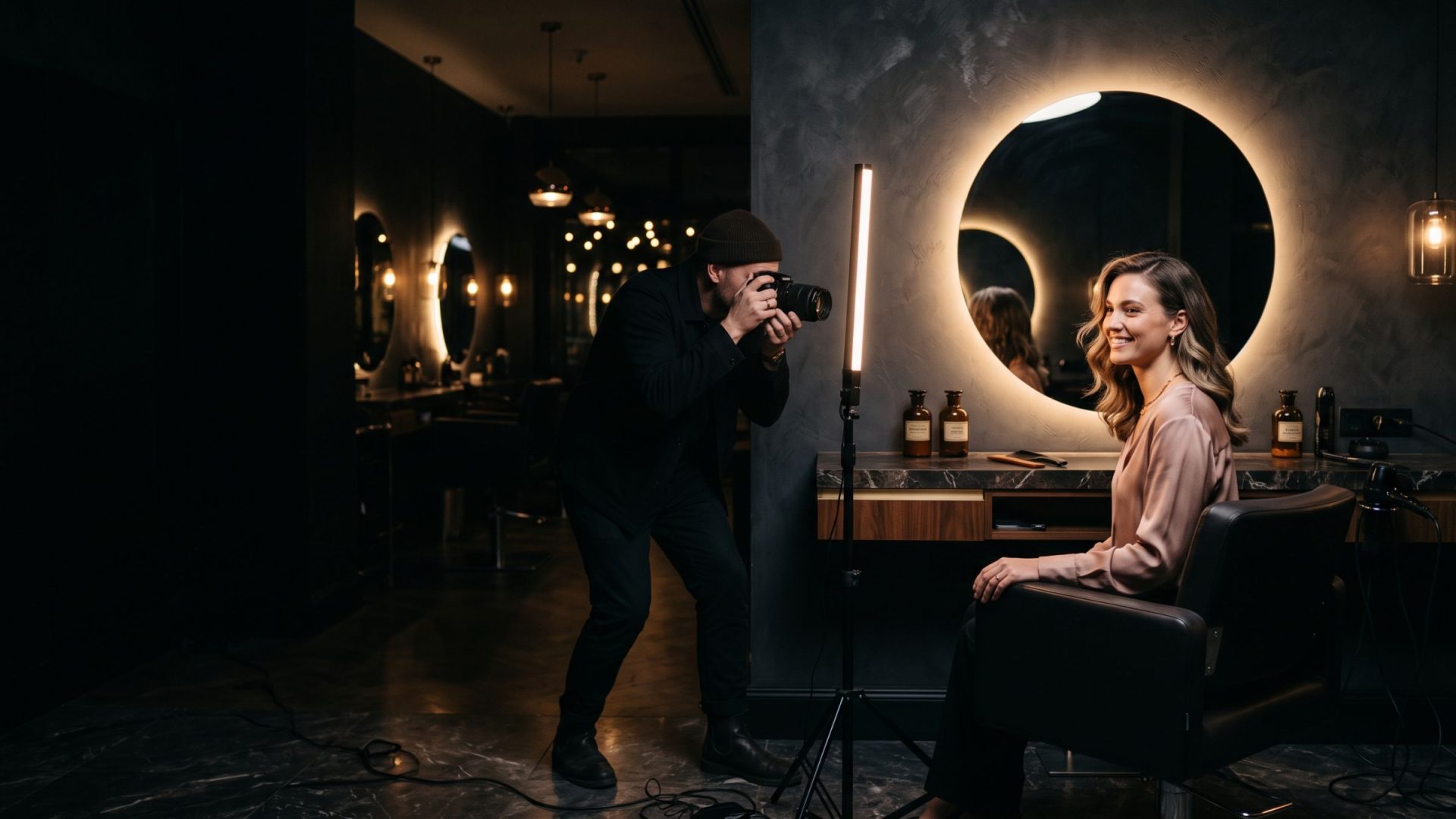 A photographer shooting a model seated in a salon chair during a content day, lit by a slim LED stand