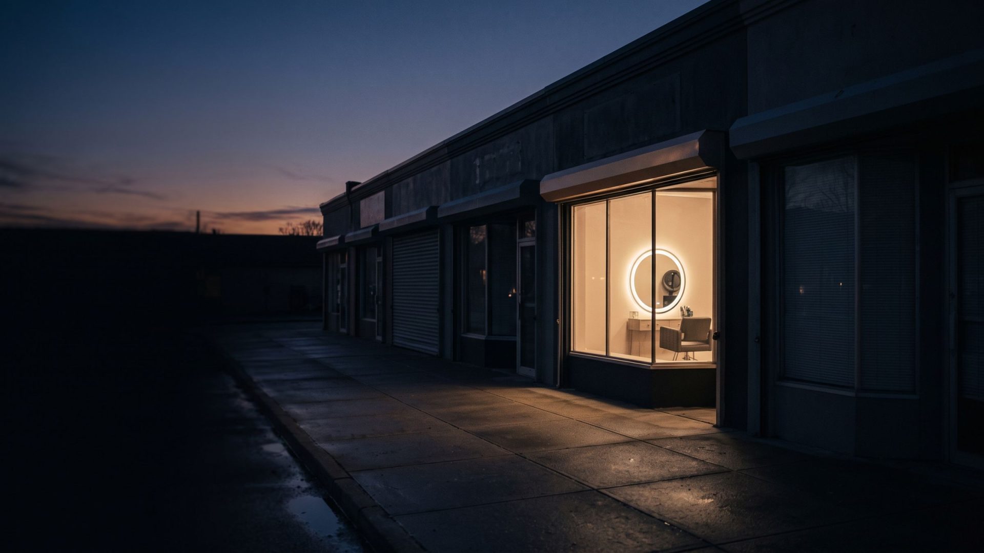 A row of dark shuttered storefronts at dusk with one beauty salon window glowing warm — the one that gets found