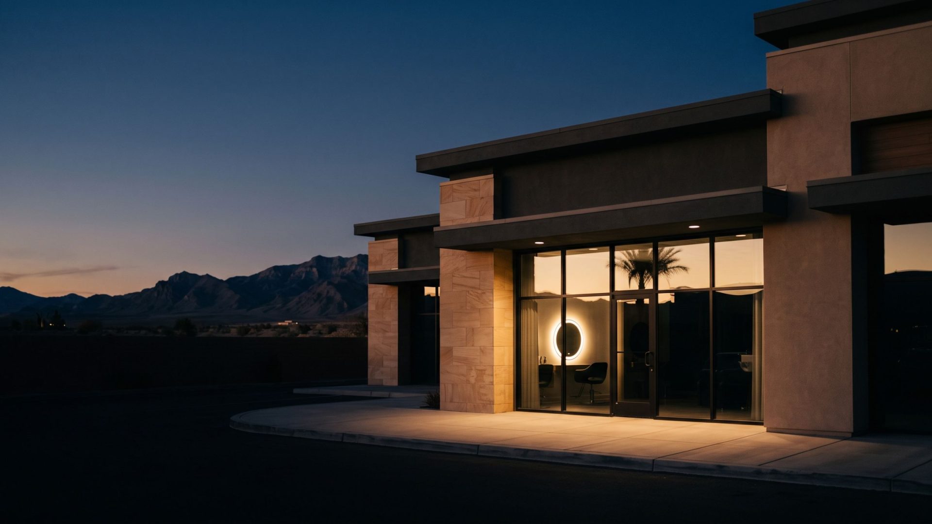 A beauty salon in a Summerlin desert-modern plaza at dusk, Spring Mountains on the horizon