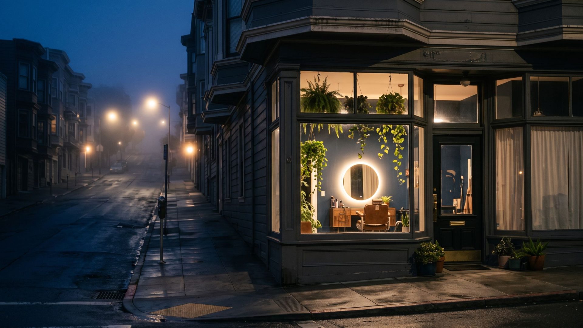 A beauty salon in a San Francisco Edwardian bay-window storefront at blue hour, fog up the hill