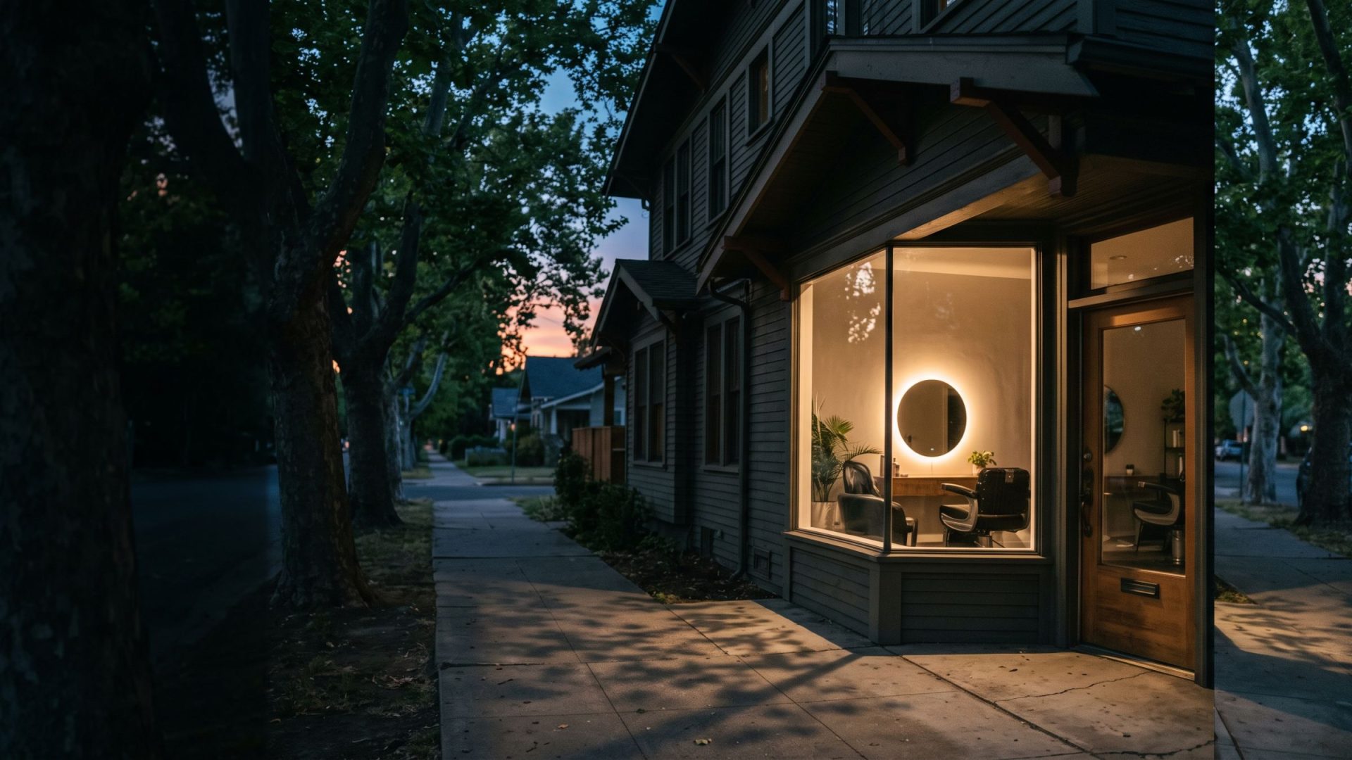 A beauty salon on a leafy Midtown Sacramento street at dusk, light through the tree canopy