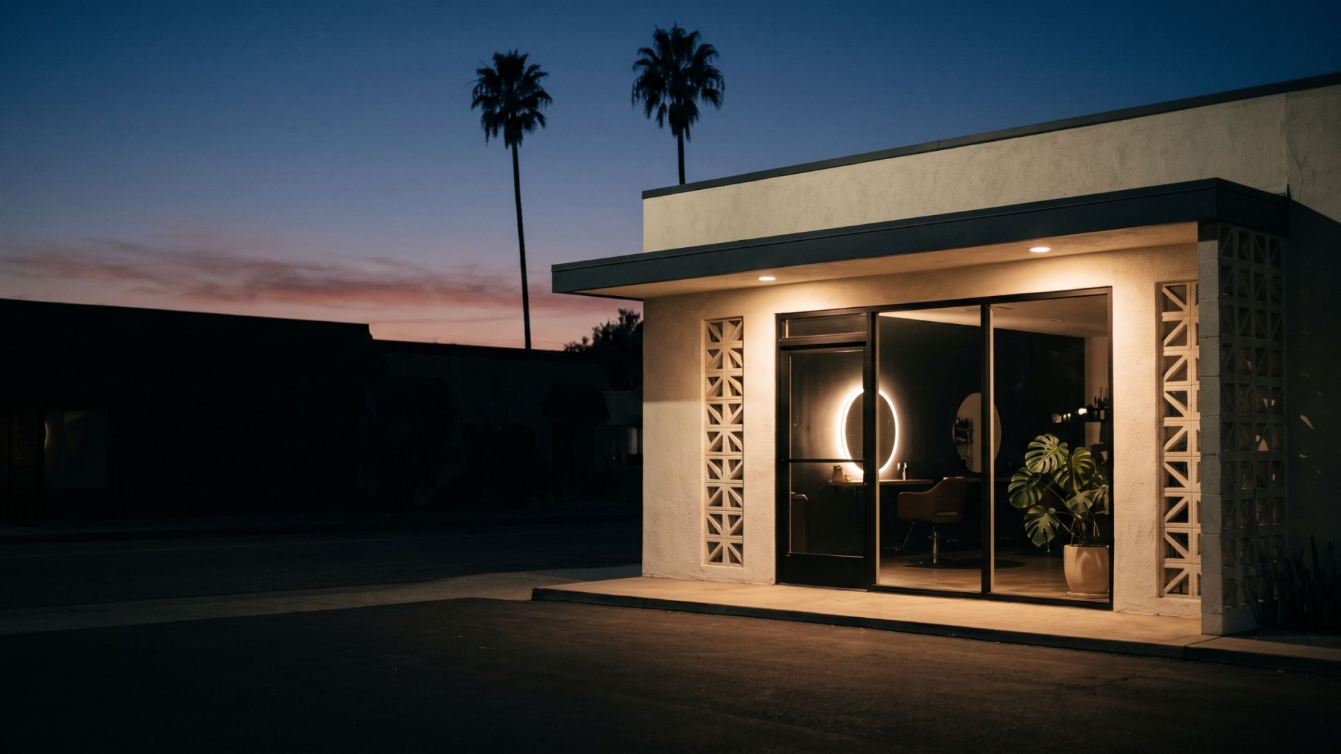 A beauty salon in a mid-century Southern California storefront at dusk, palm silhouettes against indigo