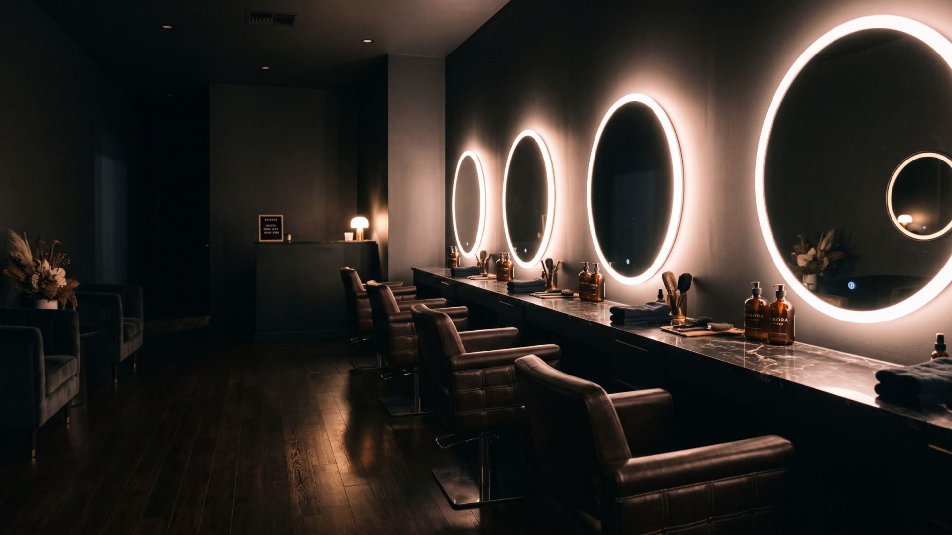 A dark salon floor before opening, four styling stations with halo-lit mirrors glowing warm